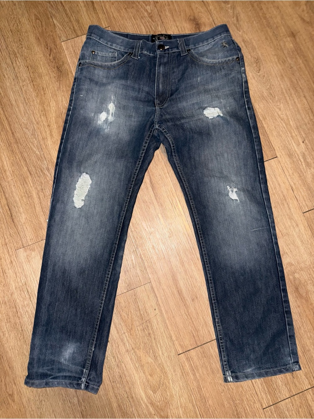 Men's Straight Distressed Dark Blue Jeans